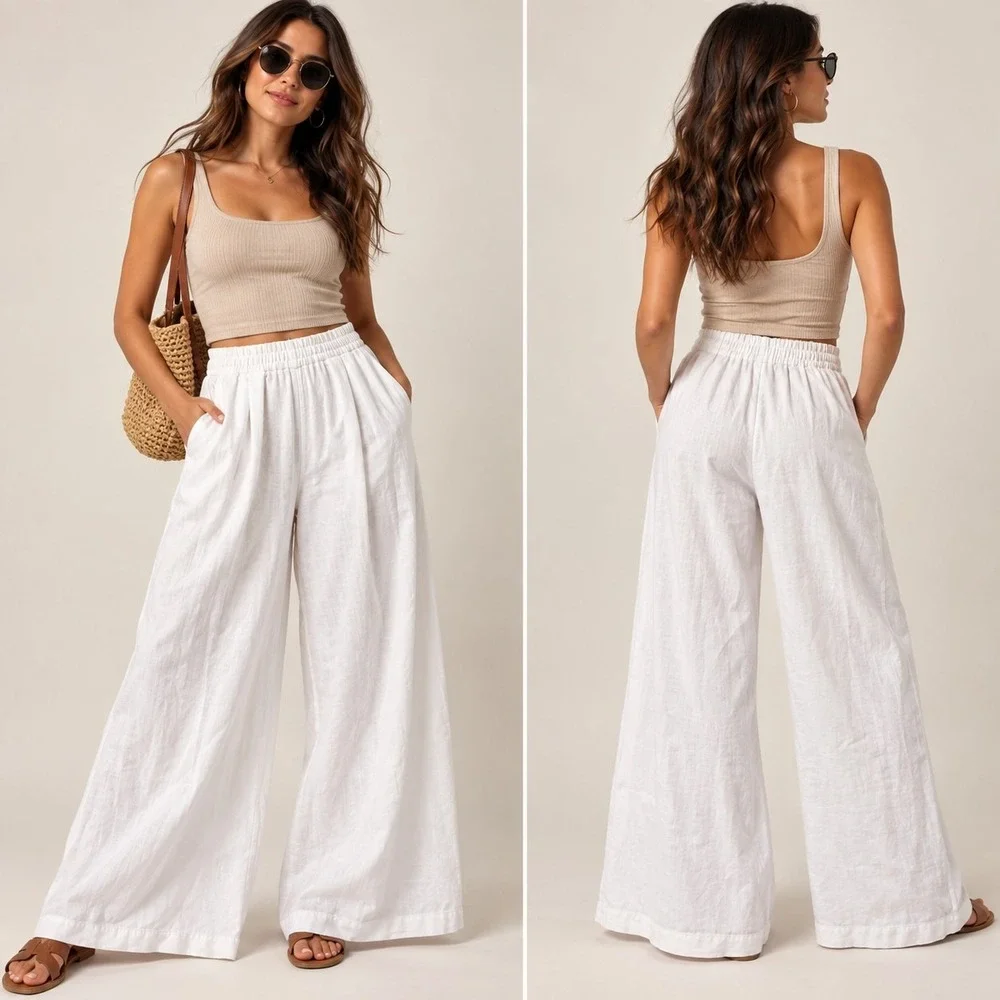 Zara Linen White Pants Wide-leg High-waisted Pull-on Elastic Waist Pockets Med
